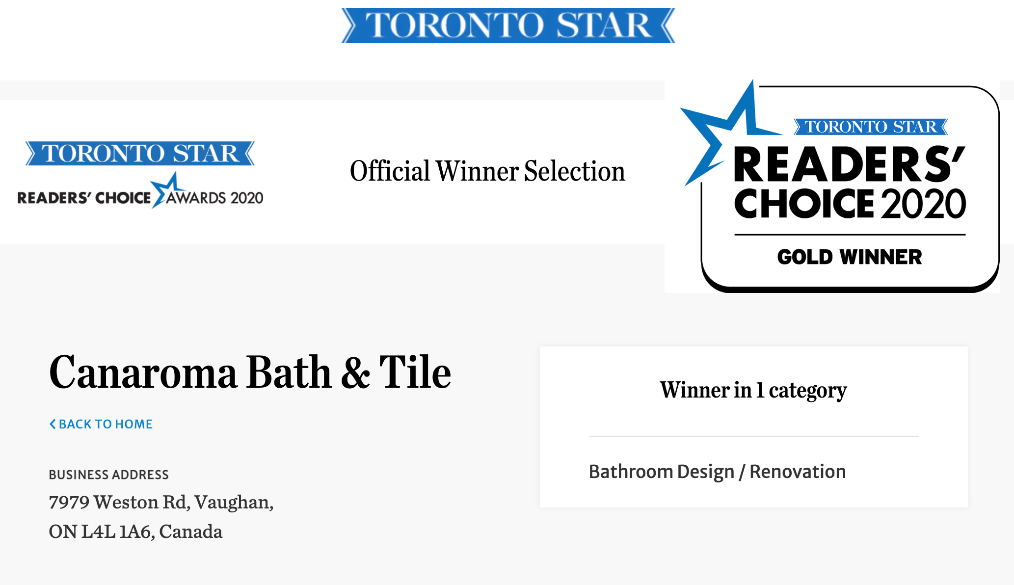 Toronto Star READER’S CHOICE AWARDS 2020